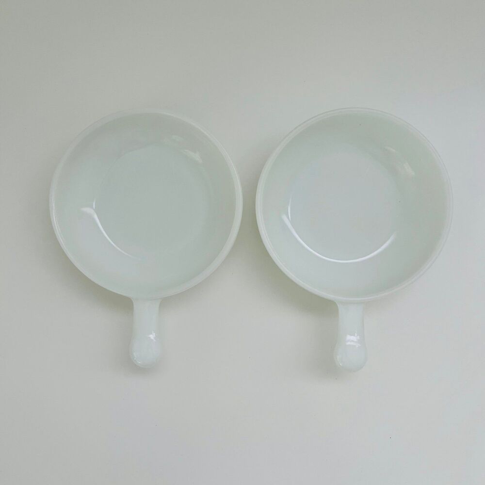 GLASBAKE White Milk Glass Soup Bowl With Handle, Set of 2
